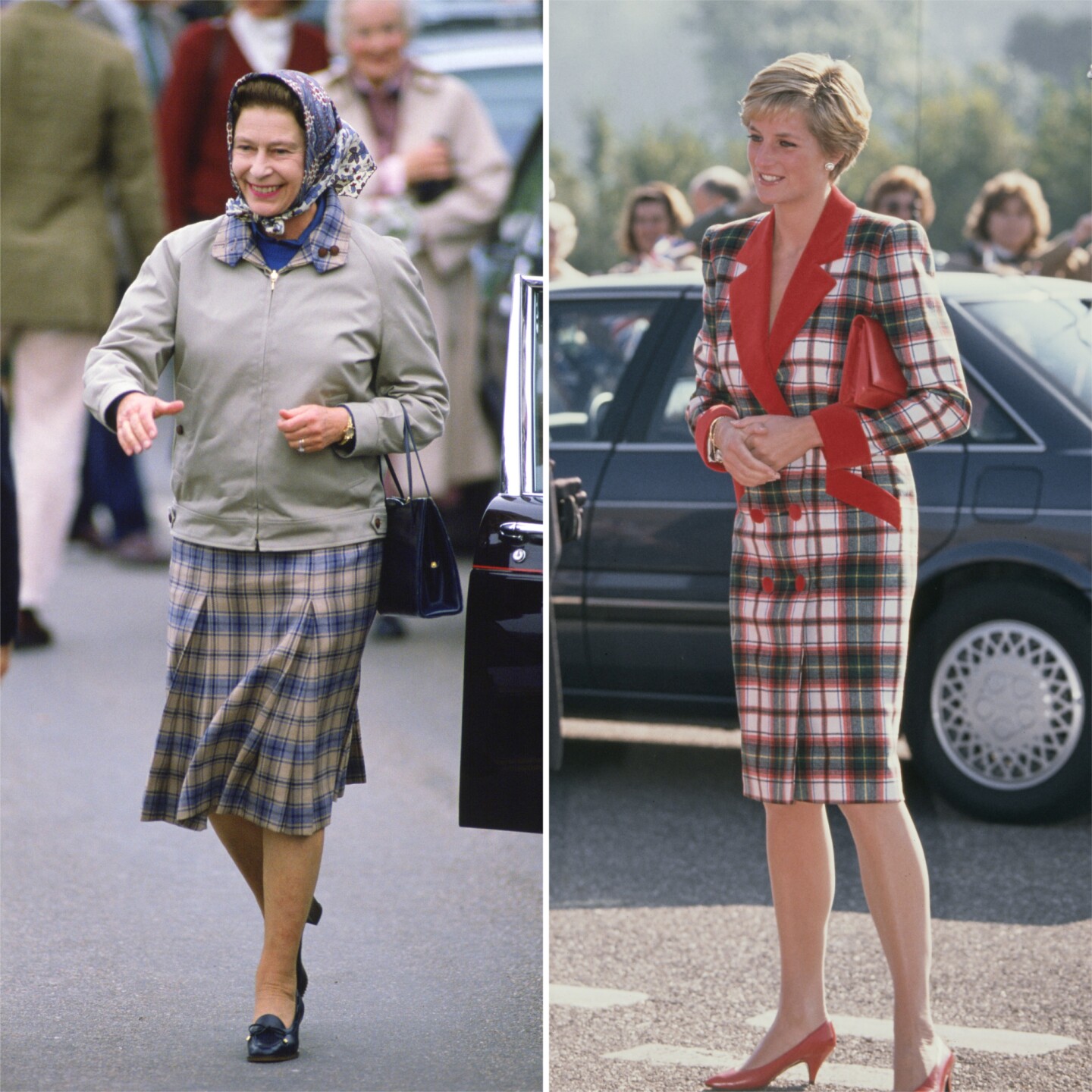 La reina Isabel II y la princesa Diana usando prendas de tartán.