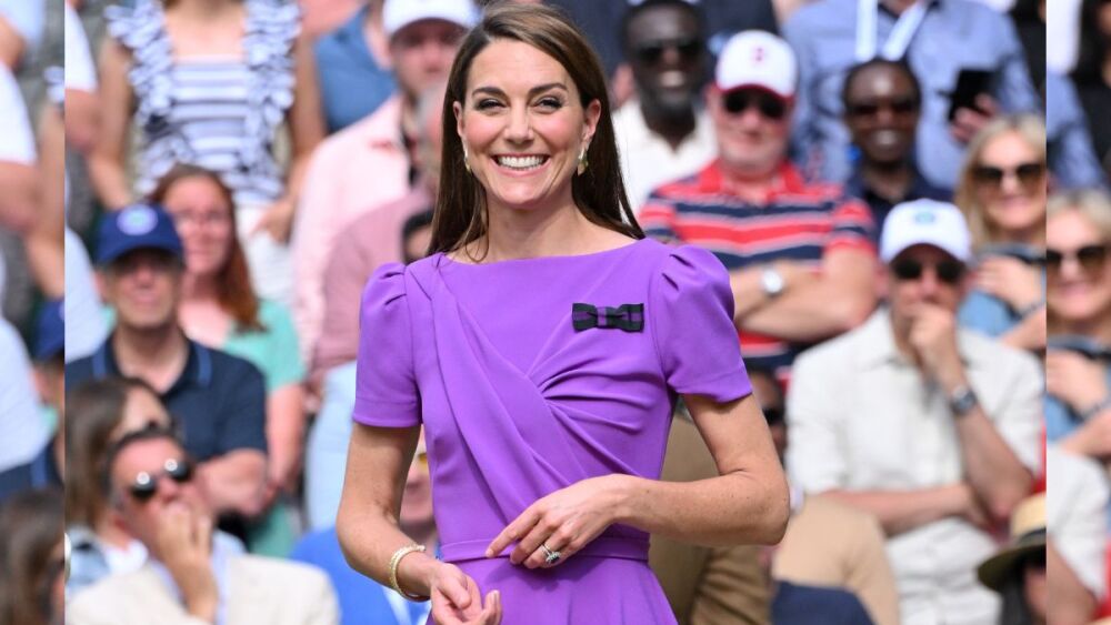 Catherine Princess of Wales on court to present the trophy to the winner of the men's final on day fourteen of the Wimbledon Tennis Championships at the All England Lawn Tennis and Croquet Club on July 14, 2024 in London, England. (.jpg