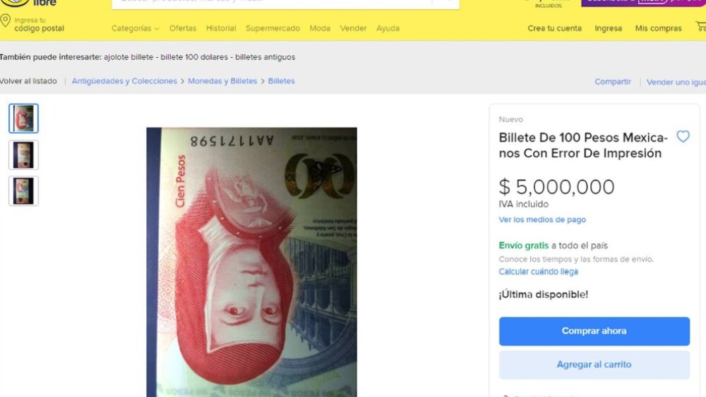 billete de 100 pesos que se vende en millones