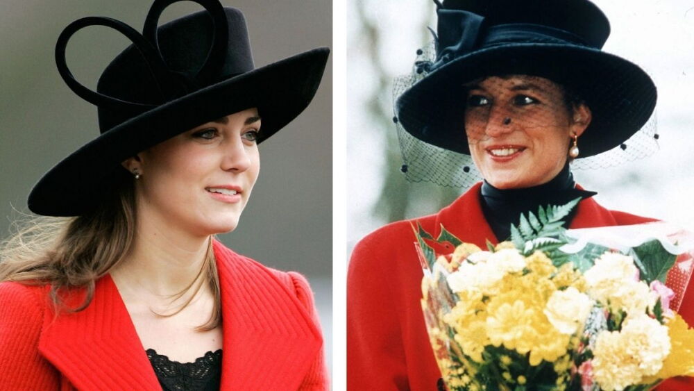 Kate Middleton y Lady Di con traje rojo y sombrero negro.jpg