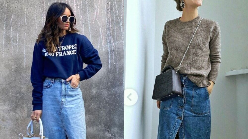 outfit casual con falda de mezclilla y suéter.jpg