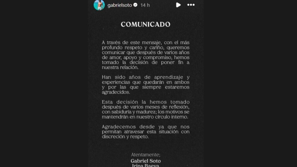 gabriel soto e irina baeva comunicado
