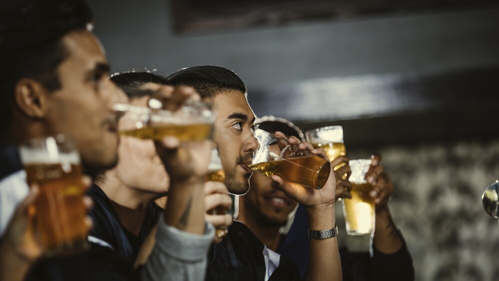 Sports fans sitting at bar in pub drinking beer